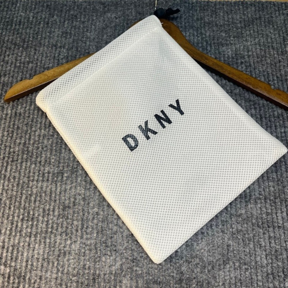 DKNY White Mesh Drawstring Bag Travel Storage Pouch Black Logo Small Accessory